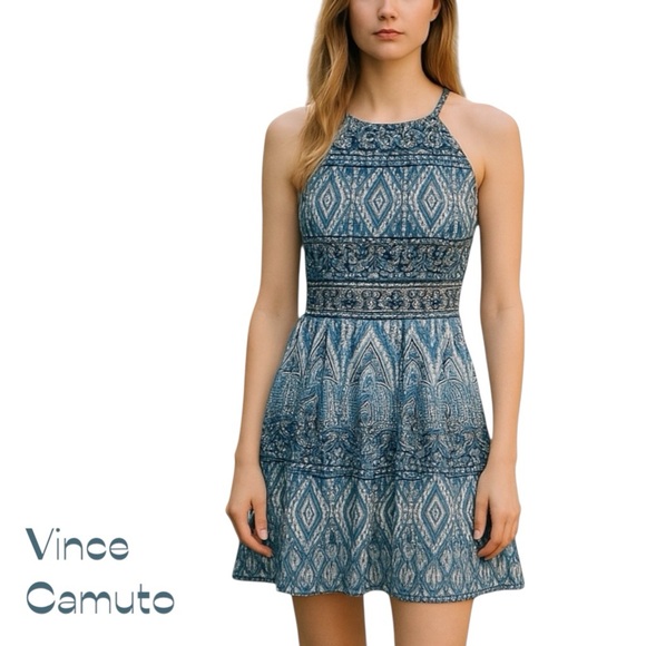 Vince Camuto Blue White Print Fit & Flare Party Date Night Dress NWOT Size 6 - Picture 1 of 14